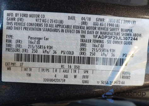 2018 Ford Focus Se из США, поврежденный, VIN 1FADP3F29JL307244